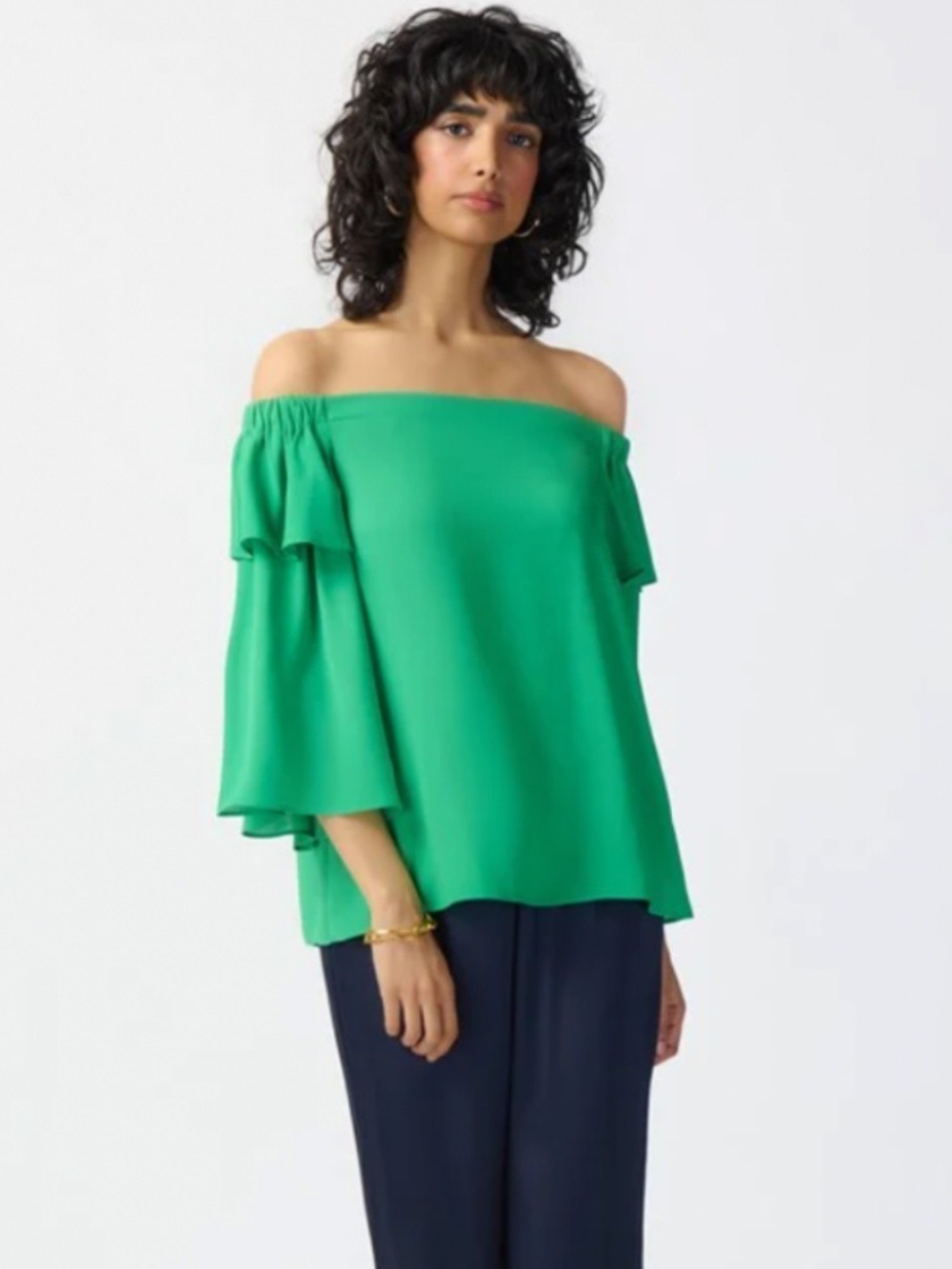 Joseph Ribkoff Off-Shoulder Ruffle Sleeve Blouse in Kelly Green size 10